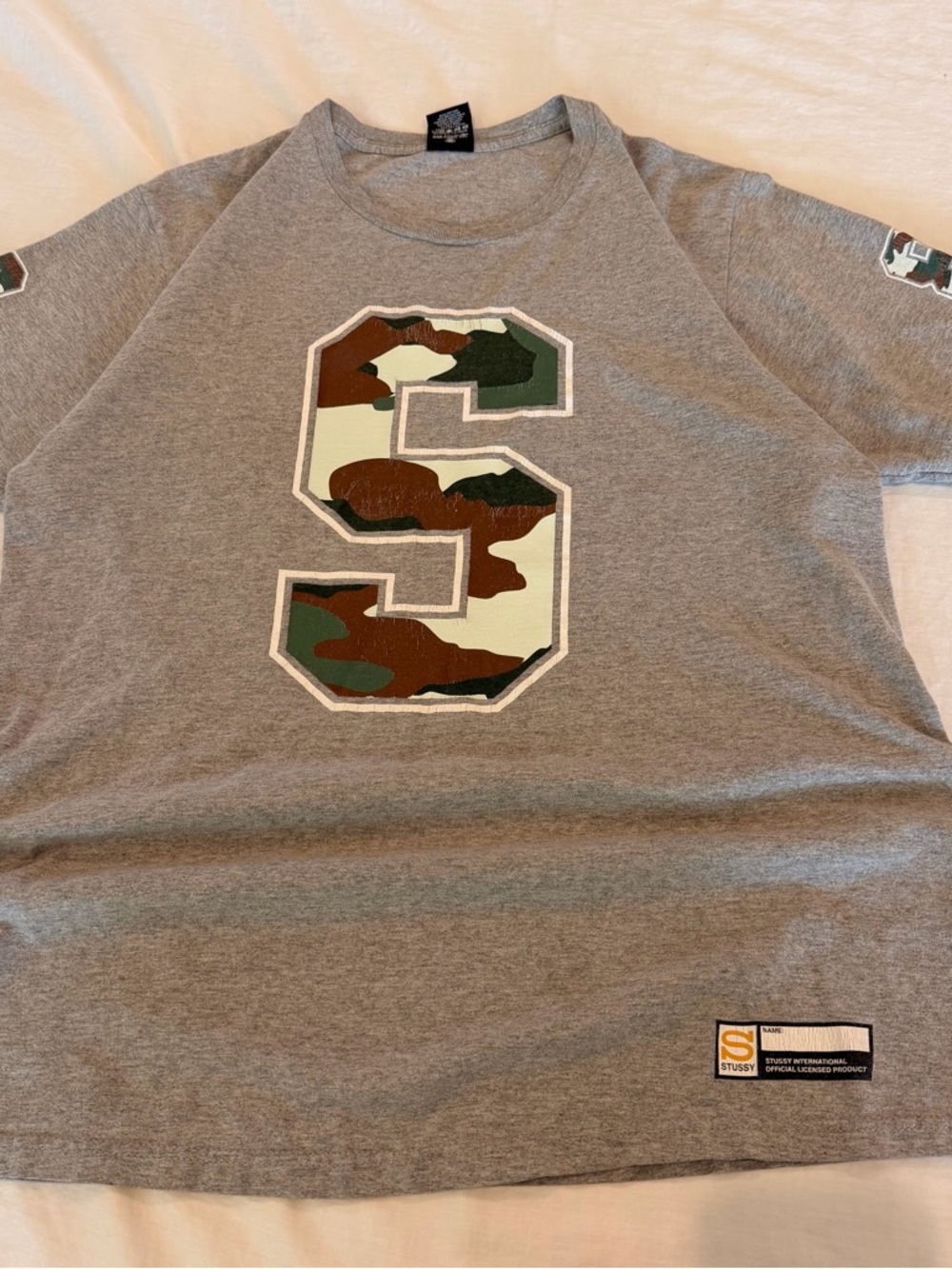 Vintage Stussy Gray Tee with Camo lettering Patch